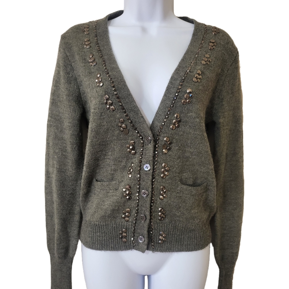 Vintage J. Crew Olive Green Rhinestone Cardigan